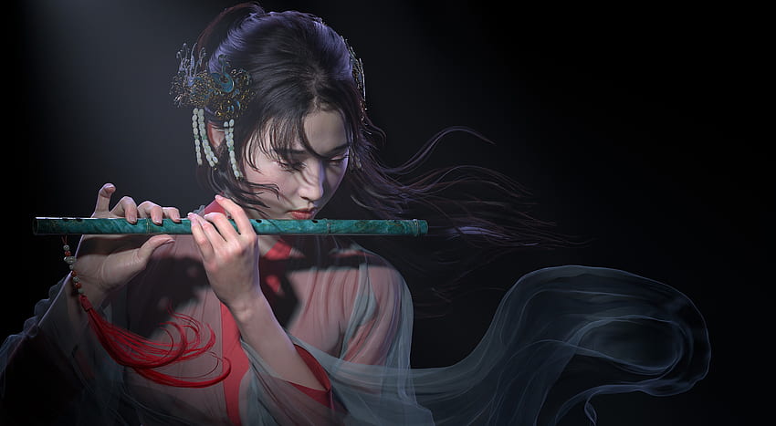 chinese girl, flute, playing, jewerley, woman HD wallpaper