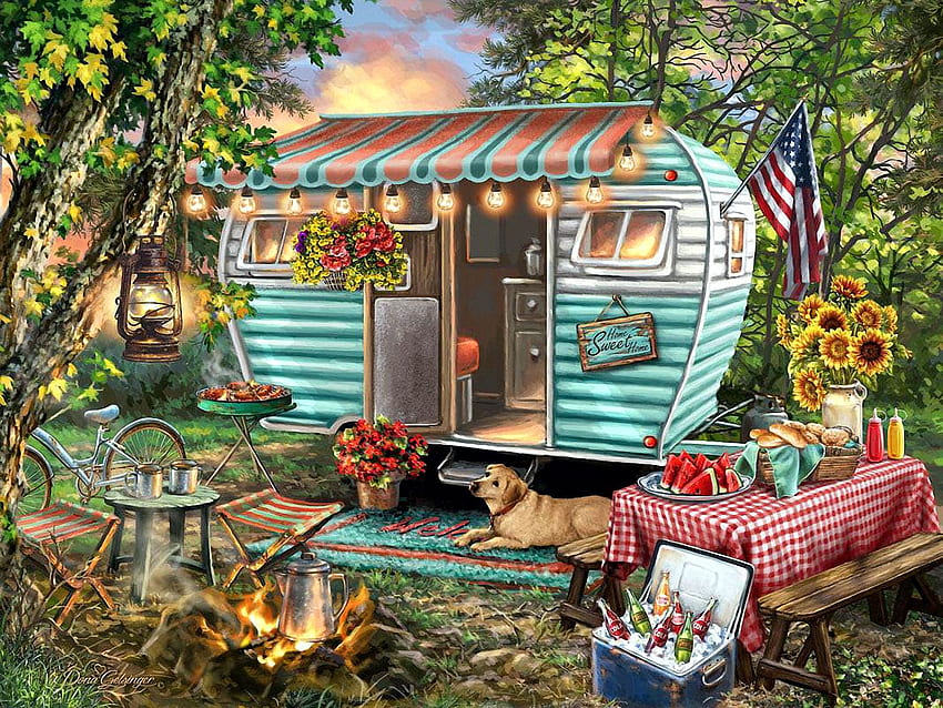 Old Time Camping, stół, pies, przyczepa kempingowa, flaga, jedzenie, grafika, malarstwo, siedzenia, ognisko, kwiaty Tapeta HD