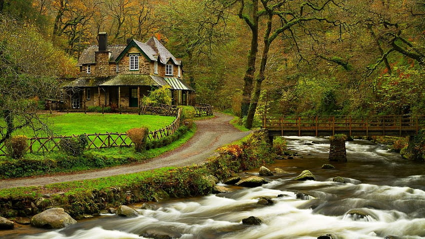 House In The Woods House Wood Trees River . HD wallpaper