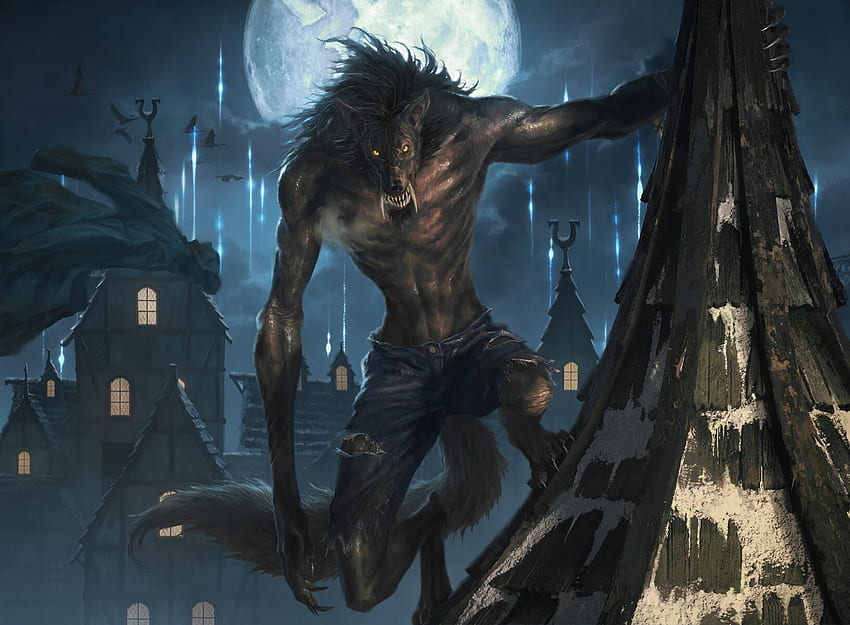 Stalking predator, werewolf, lie setiawan, luna, forest, dark, night, blue, wolf, halloween, moon, fantasy HD wallpaper