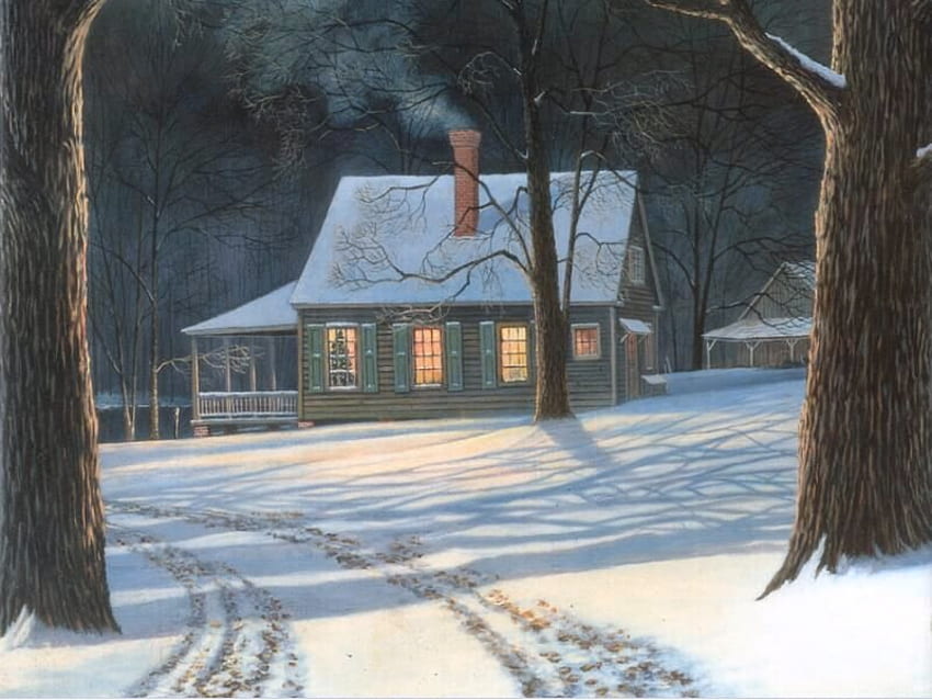 Casa en invierno, invierno, fiesta, nieve, navidad, árbol. fondo de pantalla