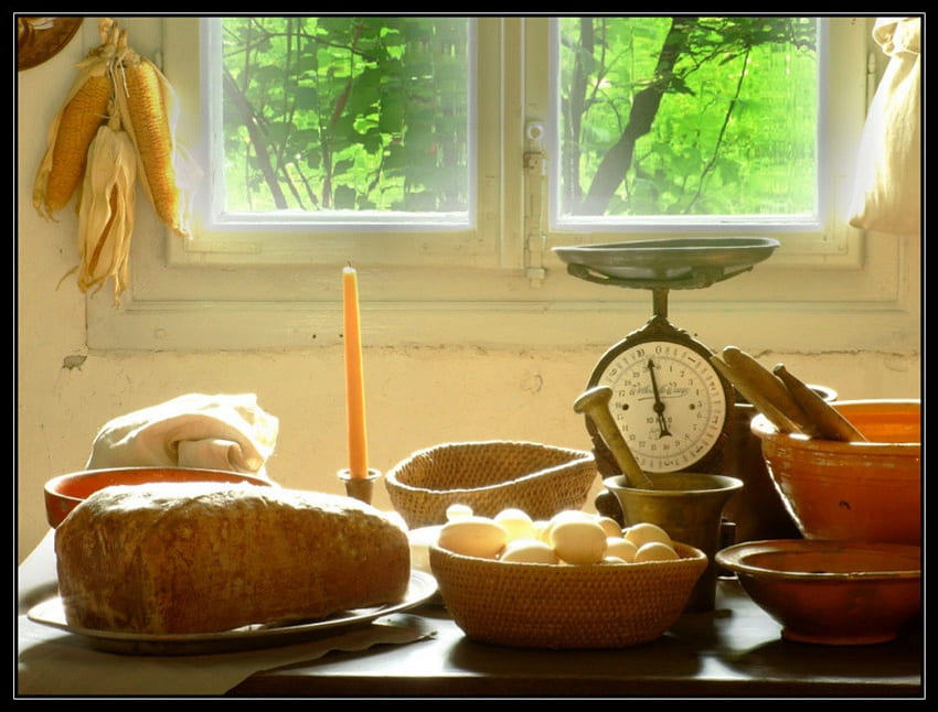 Kitchen, flour, egg, tablet, window, candle, clock, bread HD wallpaper