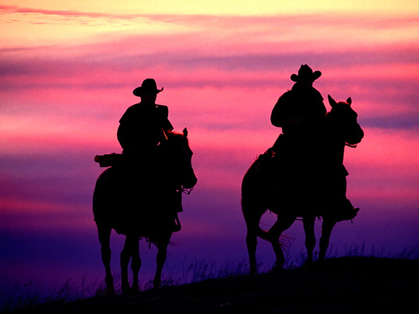 jeźdźcy zachodu słońca 800x600, fioletowy, kowboje, różowy, żółty Tapeta HD