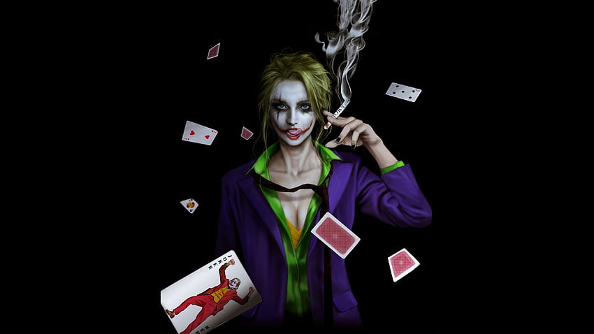 Joker girl, smoking, cards, art HD wallpaper