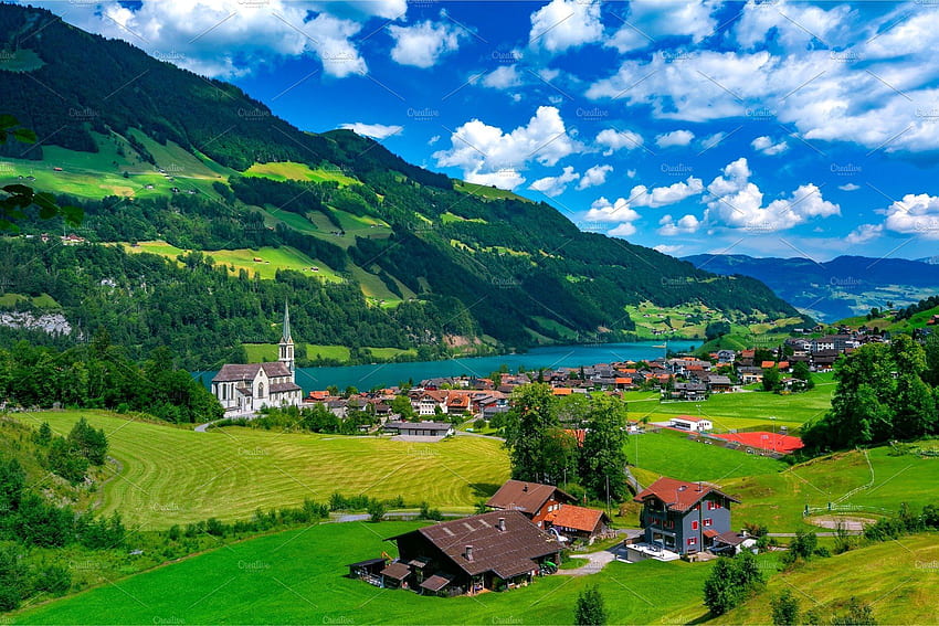 Швейцарско село Лунгерн, Швейцария. Село, Алпи, Швейцария HD тапет