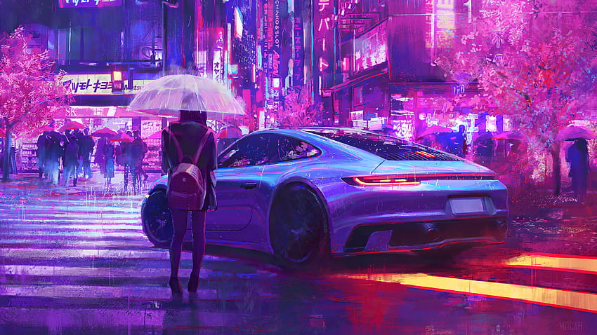 Dziewczyny, noc, deszcz, miasto, samochód, przejście dla pieszych, sztuka cyfrowa. Mocah Tapeta HD