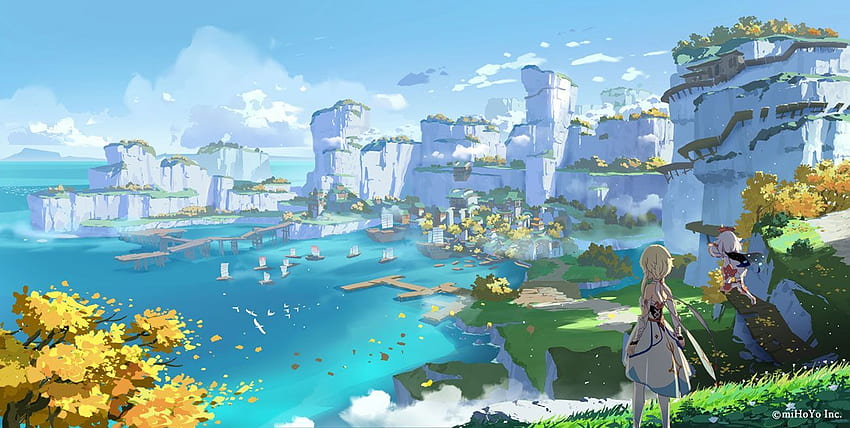 Liyue Harbour Art — galeria sztuki Genshin Impact. Krajy fantasy, tło anime, sztuka środowiska Tapeta HD