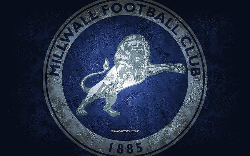 Millwall FC, angielska drużyna piłkarska, niebieskie tło, logo Millwall FC, sztuka grunge, mistrzostwa EFL, Bermondsey, piłka nożna, Anglia, emblemat Millwall FC Tapeta HD