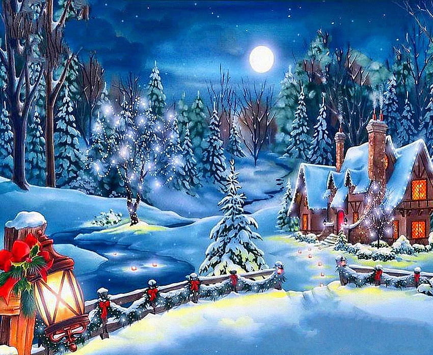 Christmas Lights, artwork, moon, snow, fence, trees, cottage, lantern ...