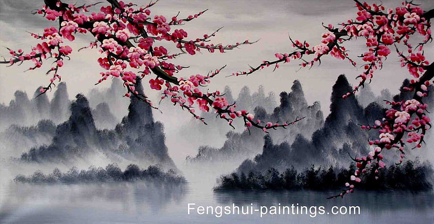 風水 古代中国の花の絵 水墨画 桜の花 高画質の壁紙