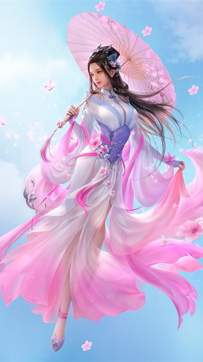 Красиво китайско момиче, фантазия, розова пола, ретро стил, чадър, китайско изкуство HD тапет за телефон