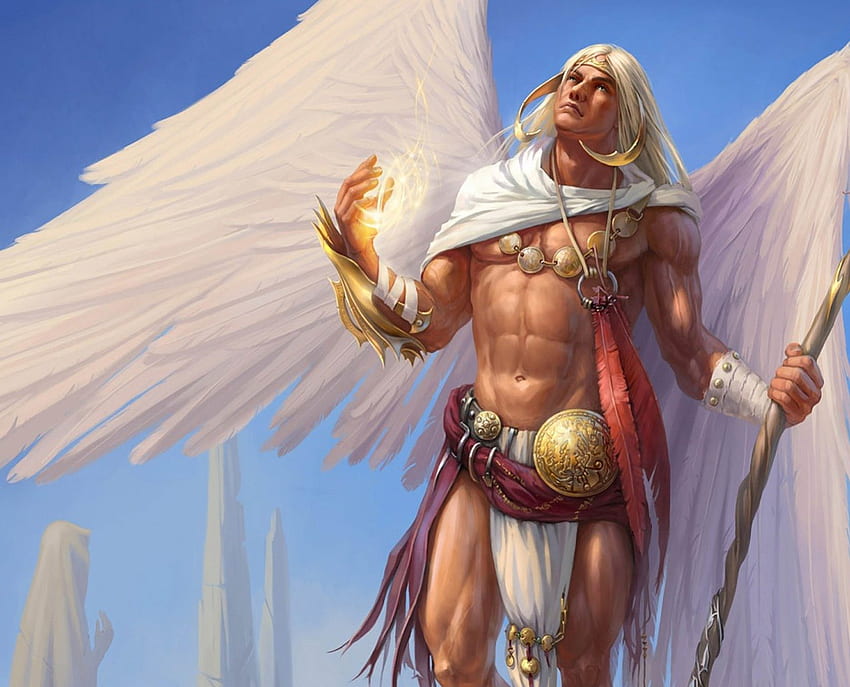 Angel In White, magic, staff, feathers, angel, male HD wallpaper