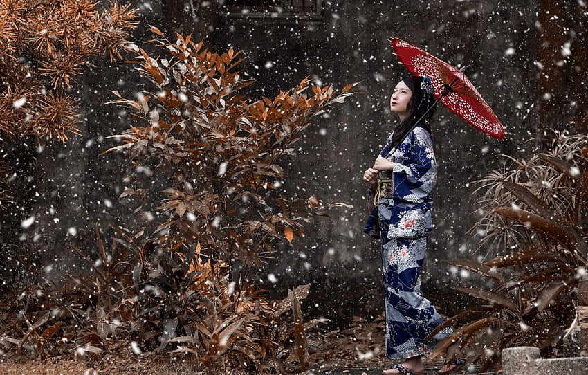 girl, snow, umbrella, mood, Japanese, kimono, Asian for , section настроения HD wallpaper