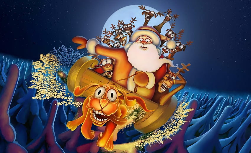 Feiertage, Weihnachtsmann, Nacht, Mond, Tannen, Hirsche, Hund, Weihnachten, Flug HD-Hintergrundbild