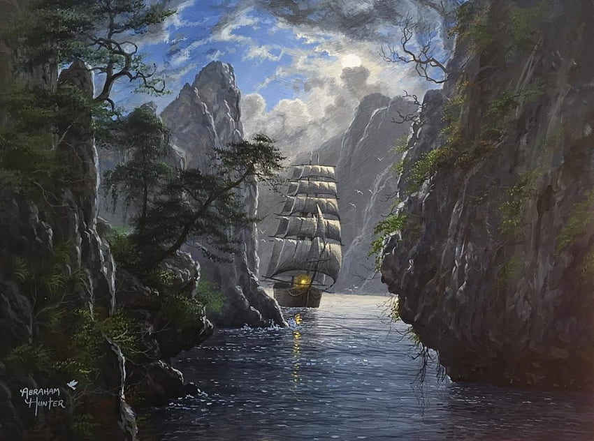 Night Passage, veleiro, navio, pintura, céu, montanhas papel de parede HD