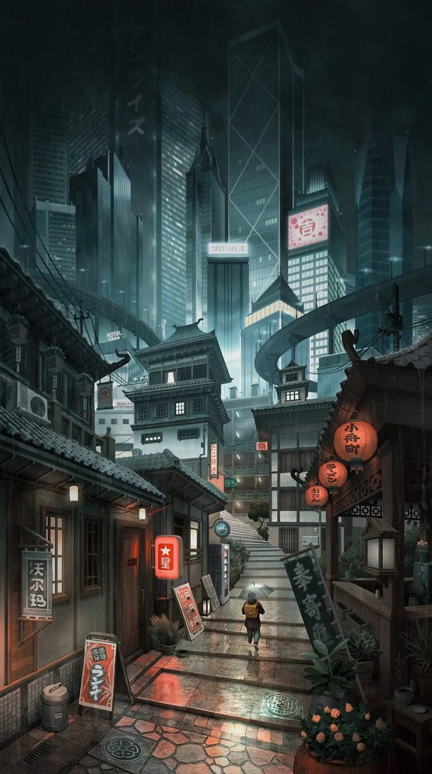 Stadt, Grafik, Wolkenkratzer, Digitale Kunst, Gasse, Stadt, Japan HD-Handy-Hintergrundbild