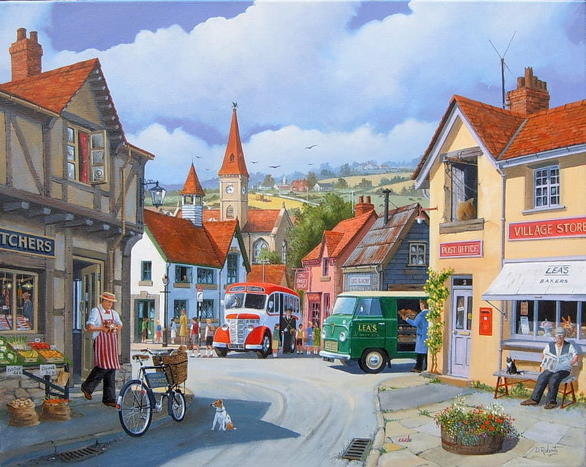 Ein englisches Dorf an einem idyllischen Tag in vergangenen Zeiten. Landhauskunst, Puzzlekunst, nostalgische Kunst HD-Hintergrundbild