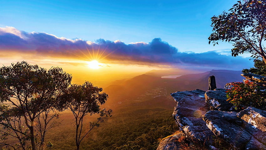 Grampians NP, Victoria, Australia, langit, lanskap, pohon, awan, matahari, matahari terbit Wallpaper HD