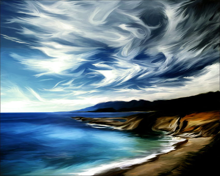 Seascape, sea, swirl, shore, painting, clouds, sky, water, ocean HD wallpaper