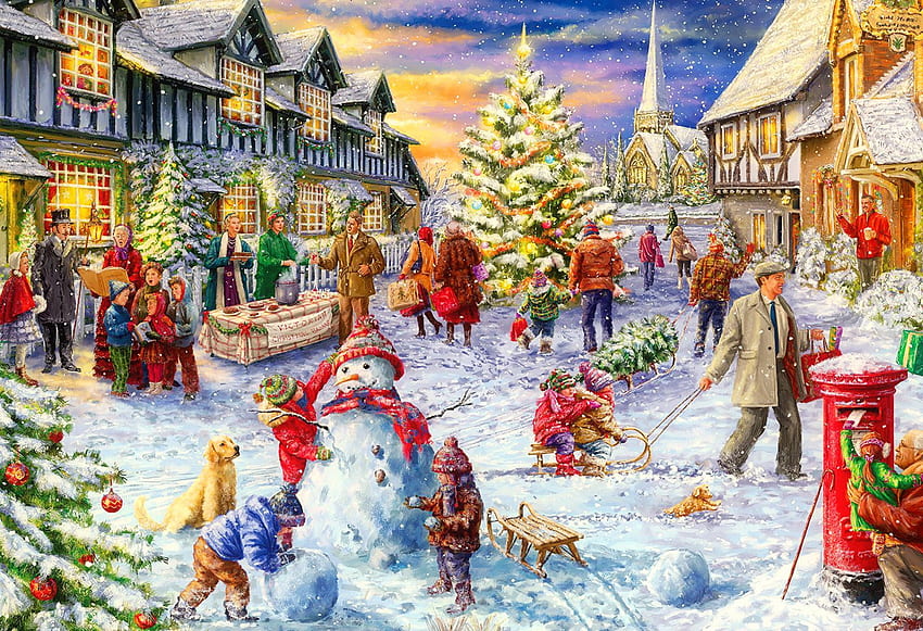 A white Christmas, winter, white, children, fun, kids, people, tree, snowman, shopping, holiday, warmth, Christmas, snow, joy, village HD wallpaper
