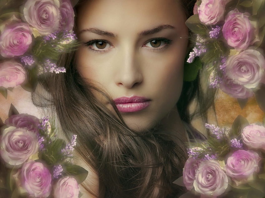 Рози в косата, модел, рози, момиче, красиво, жена, аромат, розово, красиво, лице, цветя, аромат, прекрасно HD тапет