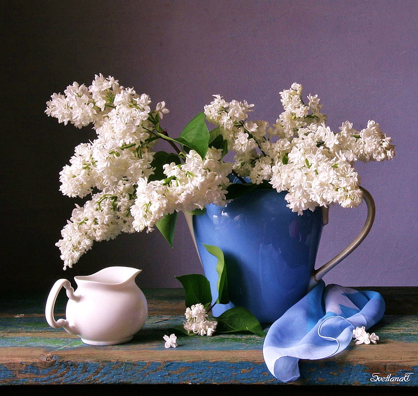 Blooms and blue, table, pitcher, petals, lilacs, blue vase, scarf HD wallpaper
