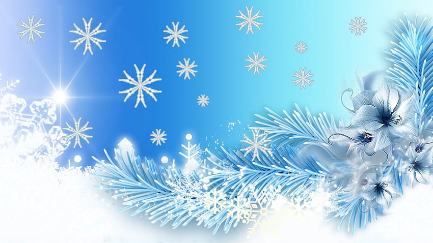 Зимни сини цветя, синьо, зима, смърч, ела, снежинки, бор, Коледа, сняг, блясък, цветя, лед HD тапет
