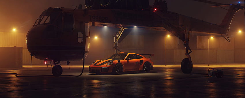 porsche 911 gt2 rs, sports car, helicopter, dual wide, wide 21:9, , , background, 10143, Porsche Ultra Wide HD wallpaper