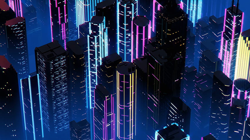 Pencakar langit dengan lampu neon di kota malam, animasi 3D gaya synthwave Stok Rekaman Wallpaper HD