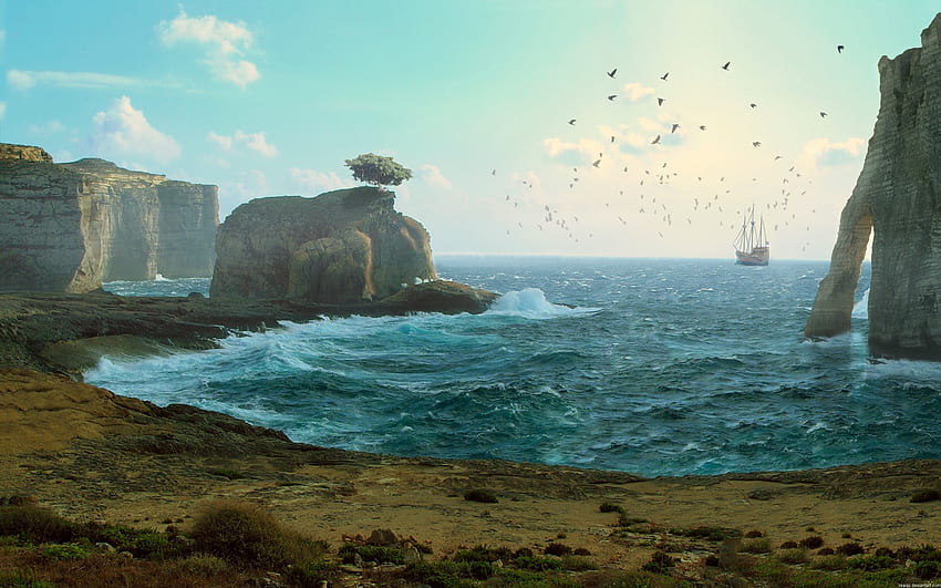 verlorenes Segel, Boot, Gras, Klippe, Strand HD-Hintergrundbild