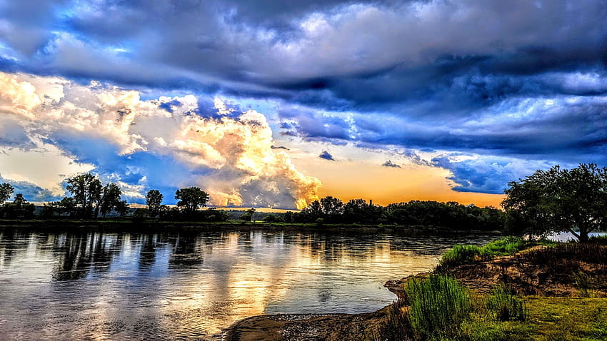 Stormy sunset over the Missouri River in Parkville, Missouri, clouds, trees, colors, sky, water, reflections, usa HD wallpaper