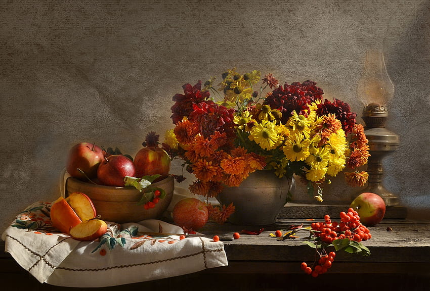 静物、ランプ、りんご、花、タオル 高画質の壁紙