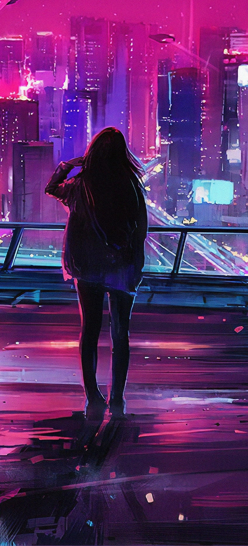 Neon City, Girl, Back View, Night, Lights for OnePlus 8 Pro, Oppo Find X2, Neon Night Lights HD phone wallpaper