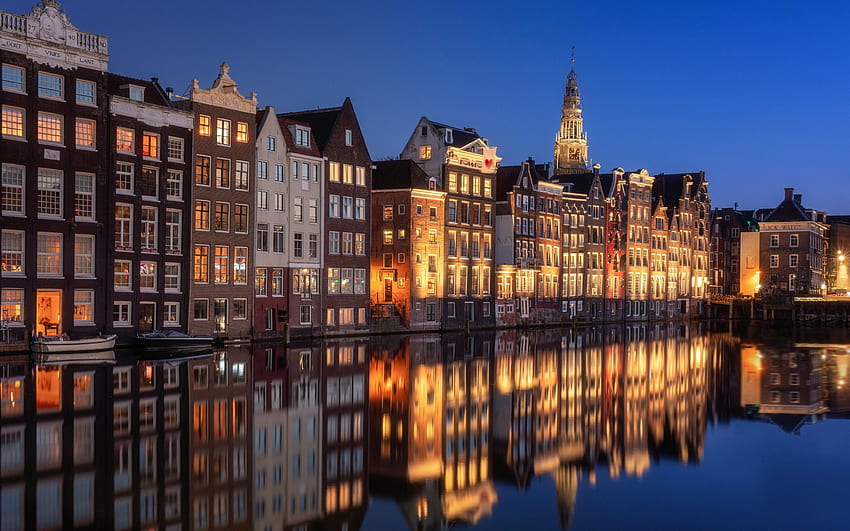 De Wallen, Amsterdam, evening, canal, Amsterdam Skyline HD wallpaper