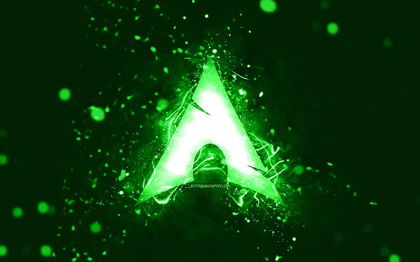 Зелено лого на Arch Linux, , зелени неонови светлини, творчески, зелен абстрактен фон, лого на Arch Linux, Linux, Arch Linux HD тапет