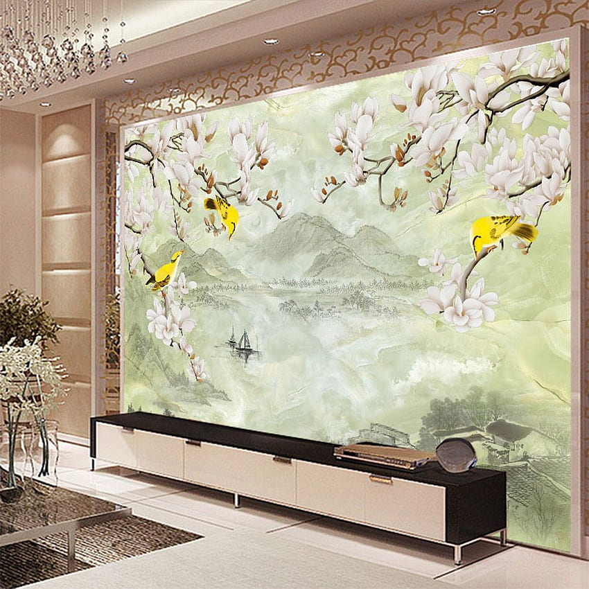 ShineHome 手描きのオイル スタイル 冬の梅の木 花 鳥 山 壁画 ロールスロイス ホテルのリビングルームの背景。 山 。 スタイルの壁画、フローラル マウンテン HD電話の壁紙