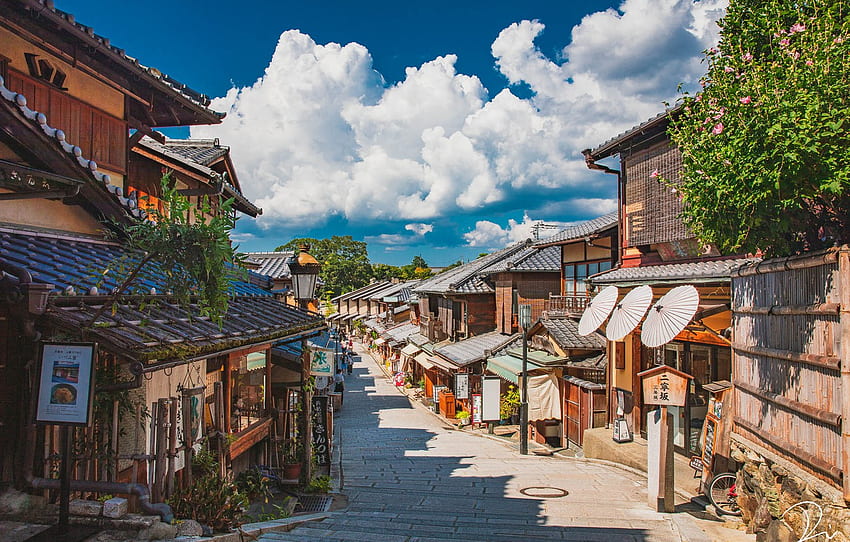 Japón, Japón, Kioto, día de verano, calle de la ciudad, casa de madera para , sección город, Kioto japonés fondo de pantalla