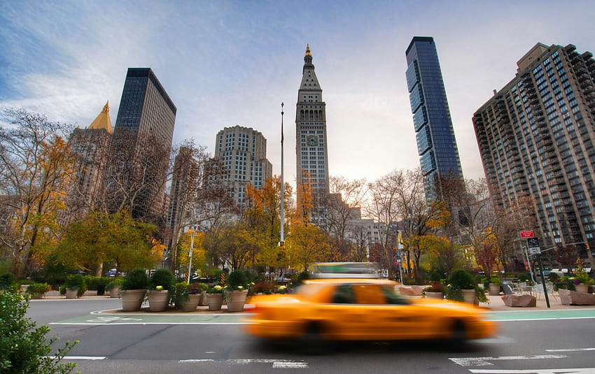 new york city yellow cab, skyscrapers, city, yellow, street, motion, cab HD wallpaper