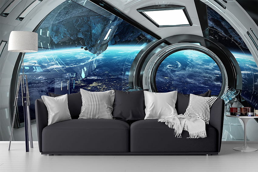 Decoração de murais de parede autoadesivos com vista interior de nave espacial futurista 3D papel de parede HD