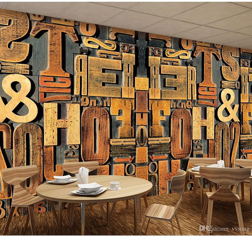 8D ラージ ミューラル イングリッシュ アルファベット 木彫り ミューラル 3D ミューラル カフェ バー ショップ 高画質の壁紙