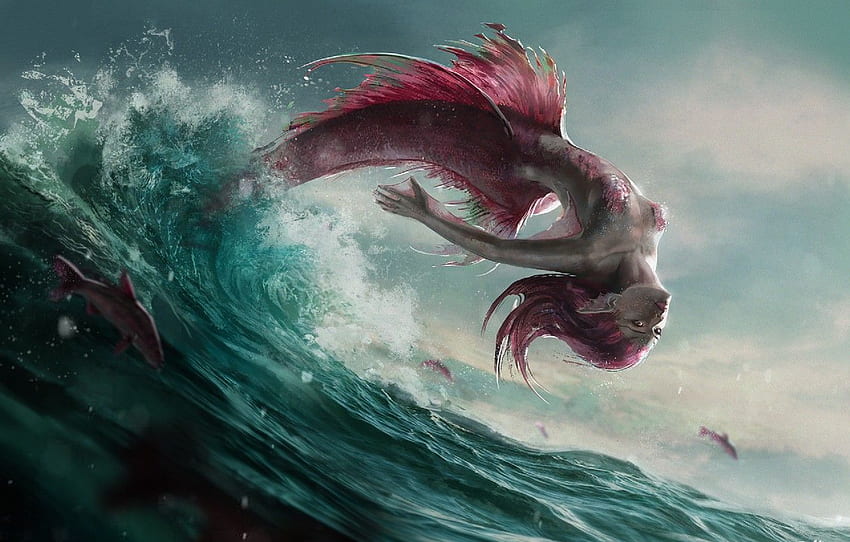 wave, fish, squirt, jump, mermaid, scales, tail, fins, Pink Mermaid HD wallpaper