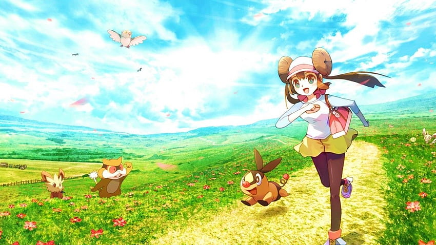 Pokemon, Mei, Pidove, Lillipup, Minccino, Running, Anime Landscape, Scenic, Clouds HD wallpaper