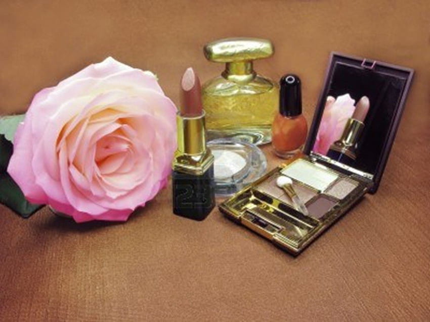 perfume on satin cloth, rose, brown, eye shadow, powder, lipstick, yellow, perfume HD wallpaper