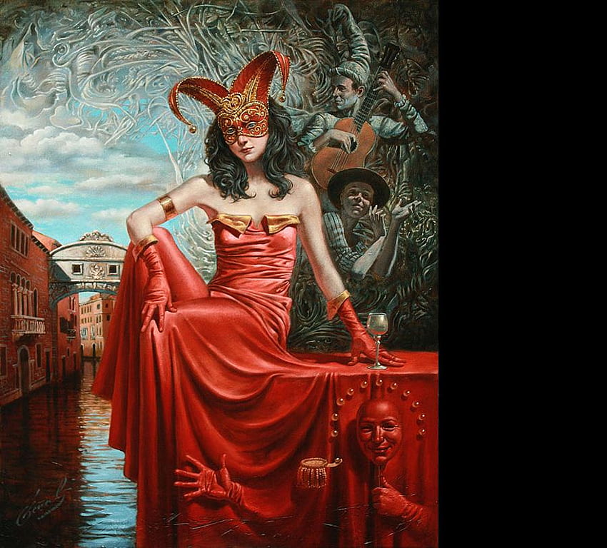 Michael Cheval - Journey into illusion, mask, journey into illusion, art, surrealist, dress, harlequin, painting, michael cheval, red HD wallpaper