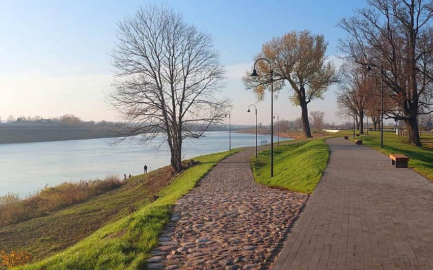 Promenade in Latvia, trees, river, Latvia, promenade HD wallpaper