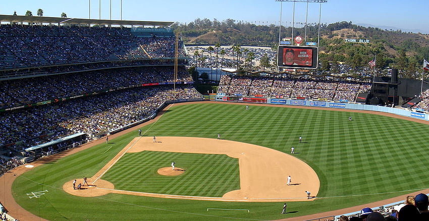 Download Beautiful Los Angeles skyline with Dodger Stadium in the  foreground Wallpaper