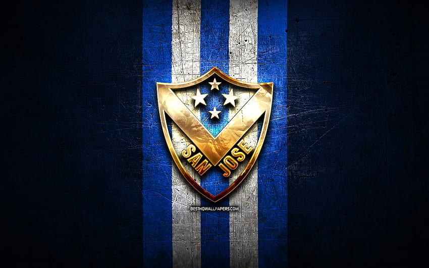 San Jose FC, goldenes Logo, bolivianische Primera Division, blauer Metallhintergrund, Fußball, venezolanischer Fußballverein, CD San ​​Jose-Logo, Fußball, venezolanische Primera Division, CD San ​​Jose HD-Hintergrundbild