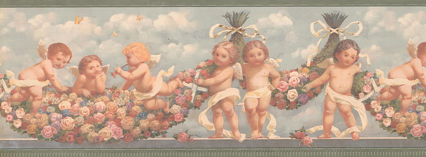 Krawczyk Cherub Babies in Heaven Roses Faith Religious Retro Design 15' L x 9'' W Floral and Botanical Border วอลล์เปเปอร์ HD