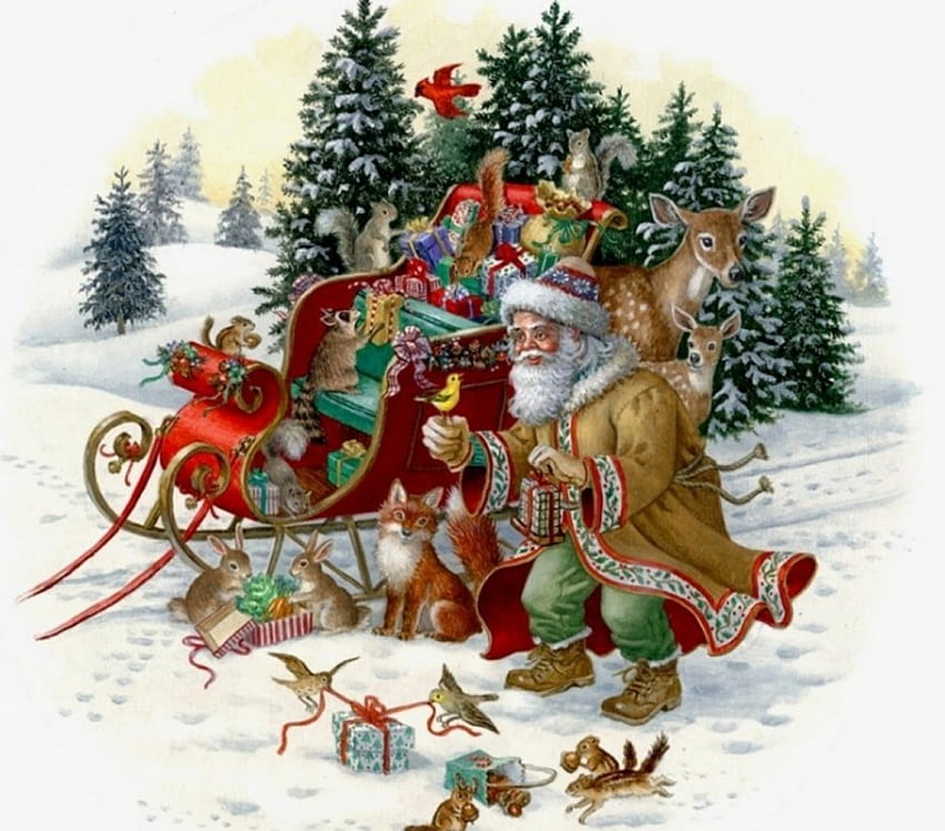 Vintage Święty Mikołaj, grafika, sanie, malarstwo, śnieg, drzewa, prezenty Tapeta HD