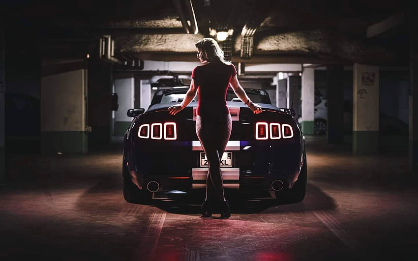 Rear body, parking, body, rear, Mustang, girl and car HD wallpaper